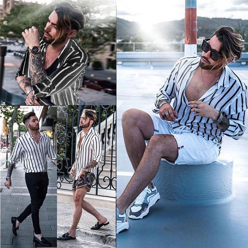 Men Slim Fit Muscle Casual Trendy Vertical Striped Shirt - Slim&Shine