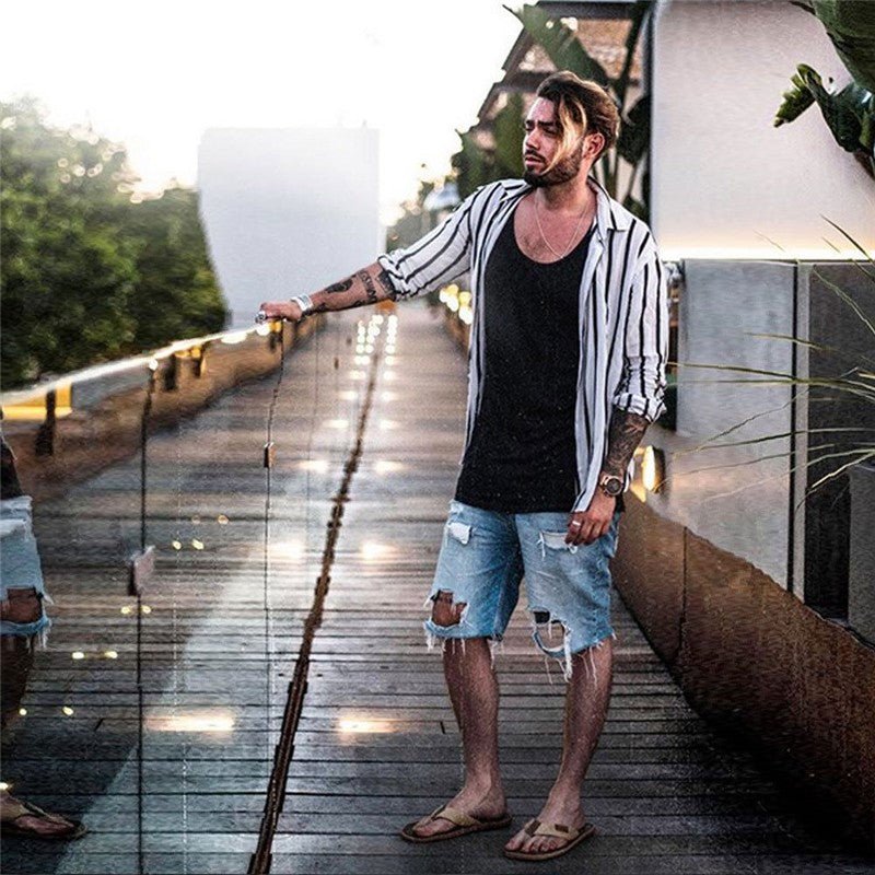 Men Slim Fit Muscle Casual Trendy Vertical Striped Shirt - Slim&Shine