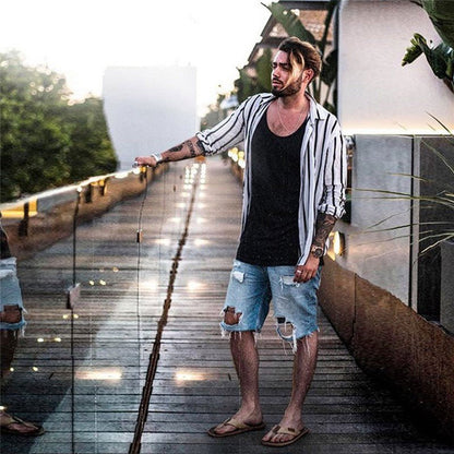 Men Slim Fit Muscle Casual Trendy Vertical Striped Shirt - Slim&Shine