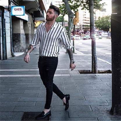 Men Slim Fit Muscle Casual Trendy Vertical Striped Shirt - Slim&Shine