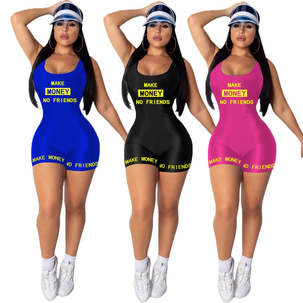 Women Casual Sports Jumpsuit Summer Sleeveless Vest Letter Print Bodysuits Sexy Fitness Fashion Rompers One Piece Outfits - Slim&Shine